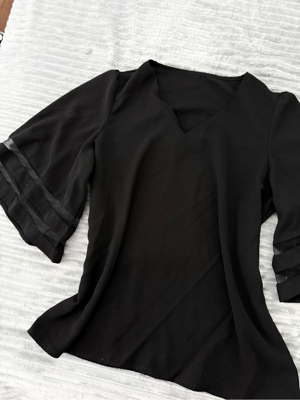 Black V-Neck Women's Top with Sheer Tiered Sleeves